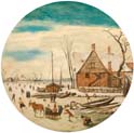 winter landscape with skaters and a farm house